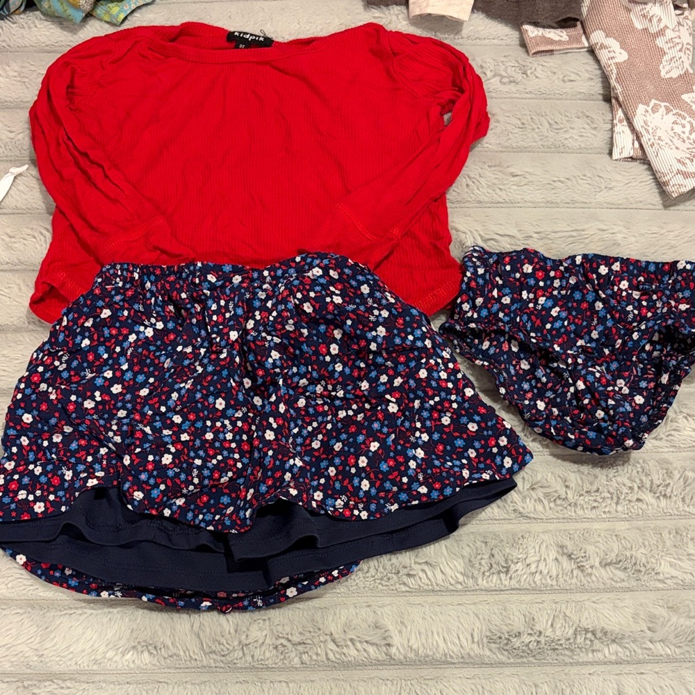 Kidpik Red Long Sleeve Top & Floral Skirt & Bloomers - 3T